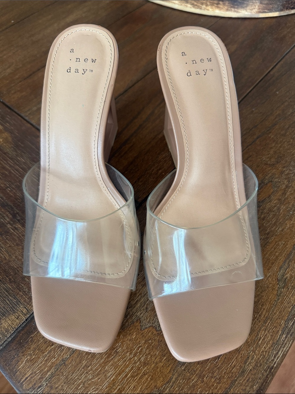 Clear Strap Nude Wedge Heels - Women's Fashion Mules - Picture 3 of 7